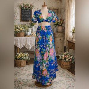 Vintage Late 60s & Early 1970s Impression Floral Print Two Piece Skirt & Top Set